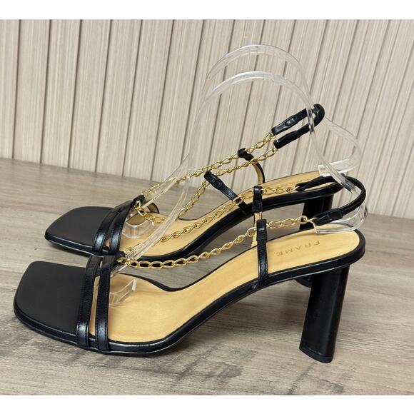 FRAME Le Tati Chain Noir Leather Slingback Sandal Black Gold Chain Size 9 - Picture 4 of 16